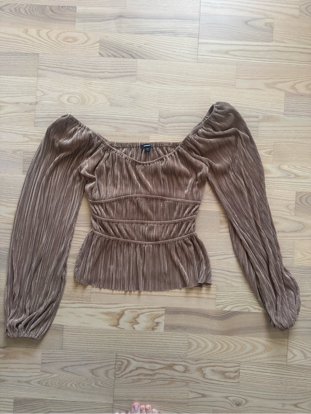 Express Pleated Tan Brown Off-Shoulder Peplum Top